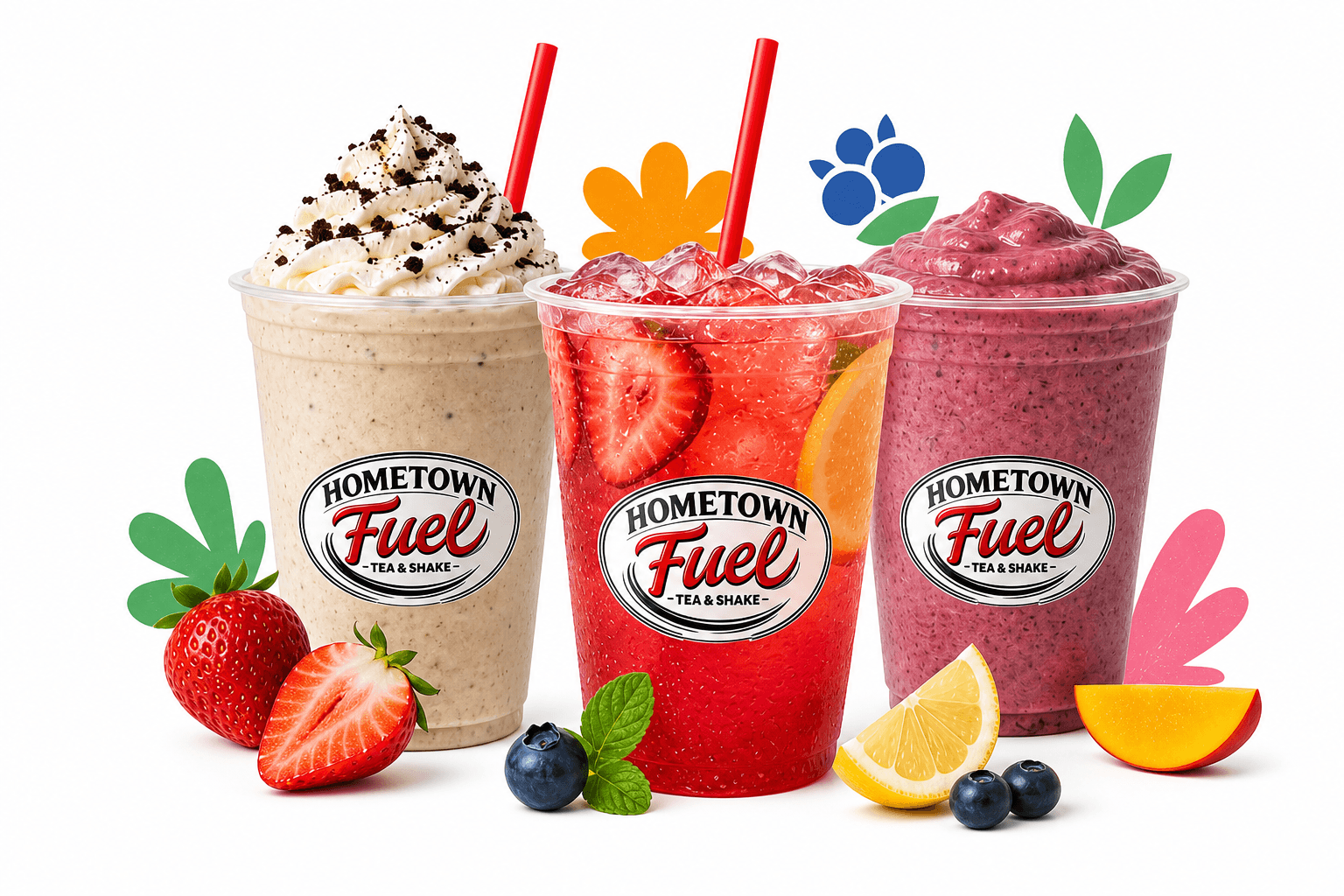 A protein shake, red energy tea, and berry smoothie with Hometown Fuel labels